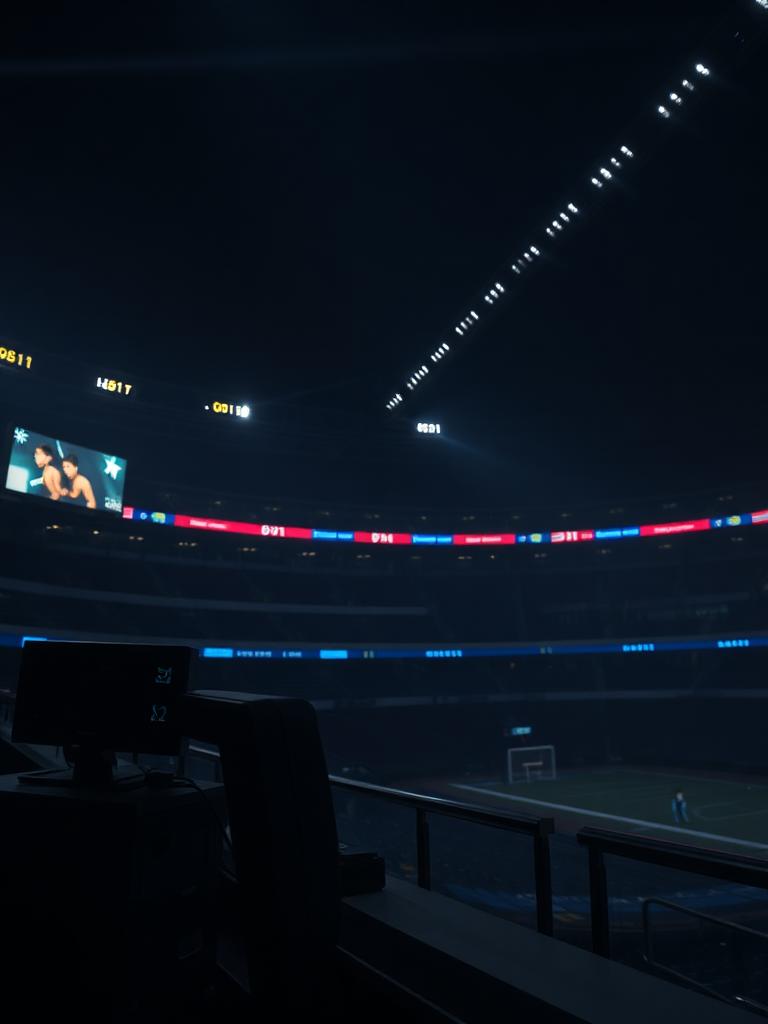 Stadium broadcast booth at night